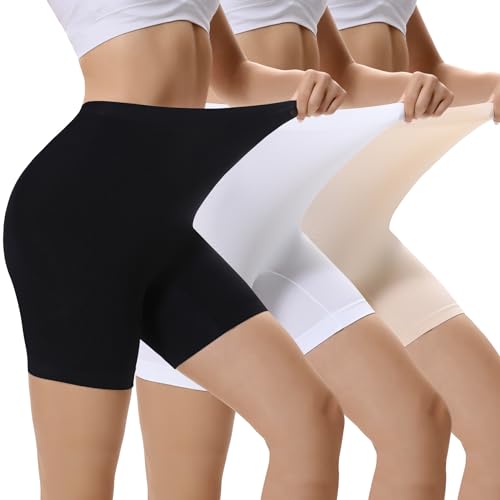 EKSHER Radlerhose Damen Kurz für Kleid Kurze Leggings Damen Radler Shorts Shapewear Boxershorts Damen Unterkleid Hose Unter Rock 3 Pack Schwarz Beige Weiß L von EKSHER