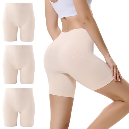 EKSHER Radlerhose Damen Kurze Leggins Unter Kleid Hose 3 Pack Damen Shorts Unter Rock Hosen Kurz Anti Scheuern Bequem hohe Taille Hotpants, Beige XS von EKSHER