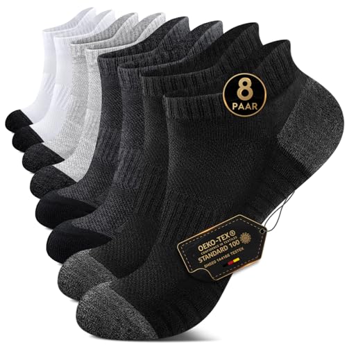 EKSHER Sneaker Socken Damen 35-38 Herren Sportsocken Kurze Socks Cushioned Laufsocken Frotteesohle Baumwolle Halbsocken Atmungsaktive 8 Paar Schwarz Weiß Dunkelgrau Hellgrau von EKSHER