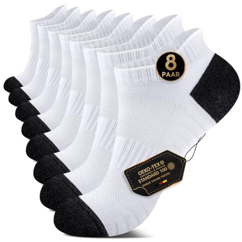 EKSHER Sneaker Socken Damen 39-42 Herrensocken Sportsocken Cushioned Laufsocken Kurze Socken Frotteesohle Baumwolle Halbsocken Atmungsaktive 8 Paar Weiß von EKSHER