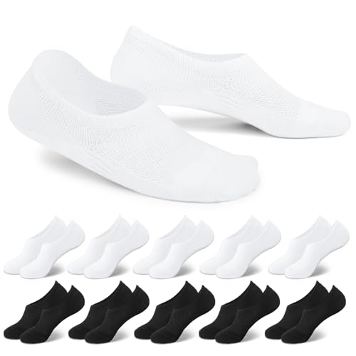 EKSHER Sneaker Socken Damen Herren Füßlinge Footies Sneakersocken 10 Paar Kurze Großes Silikonpad Verhindert Verrutschen Unsichtbare atmungsaktiv Schwarz Weiß 43-46 von EKSHER