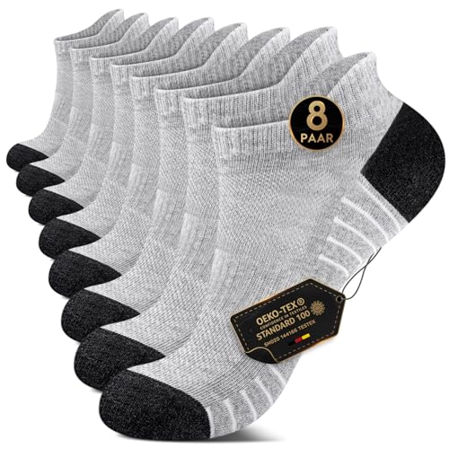 EKSHER Sneaker Socken Herren 39-42 Damen Cushioned Sportsocken Kurze Laufsocken Frotteesohle Baumwolle Halbsocken Atmungsaktive 8 Paar Hellgrau von EKSHER
