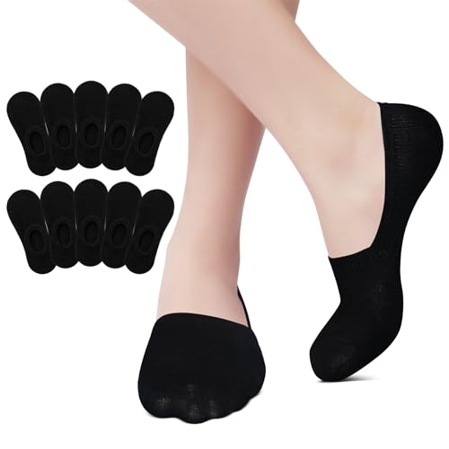 EKSHER Sneaker Socken Herren 43-46 Füßlinge Damen 10 Paar Unsichtbare No Show Sportsocken Baumwoll Kurze Ballerina Halbsocken Silikonpad Rutschfest Atmungsaktive Schwarz von EKSHER