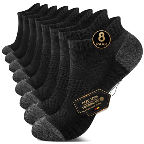 EKSHER Sneaker Socken Herren Damen 39-42 Cushioned Sportsocken Kurze Baumwollsocken Frotteesohle Laufsocken Baumwolle Halbsocken Atmungsaktive 8 Paar Schwarz von EKSHER