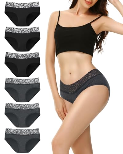 EKSHER Unterhosen Damen 6er Pack Unterwäsche Frauen Baumwolle Spitze Slips Hipster Weich Mittel Taille Panties Schwarz Grau S von EKSHER