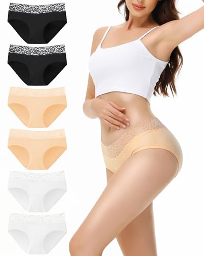 EKSHER Unterhosen Damen 6er Pack Unterwäsche Frauen Baumwolle Spitze Slips Hipster Weich Mittel Taille Panties Schwarz Weiß Hautfarbe 2XL von EKSHER