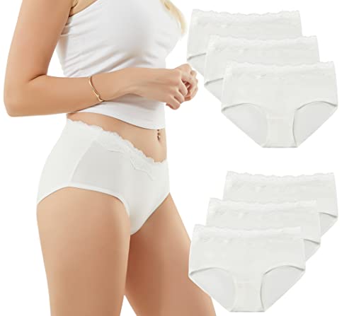 EKSHER Unterhosen Damen 6er Pack Unterwäsche Frauen Baumwolle Spitze Slips Hipster Weich Mittel Taille Panties Weiß 2XL von EKSHER