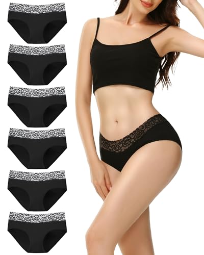 EKSHER Unterhosen Damen 6er Pack Unterwäsche Frauen Baumwolle Spitze Slips Sportunterhosen Hipster Weich Mittel Taille Panties Schwarz, 2XL von EKSHER