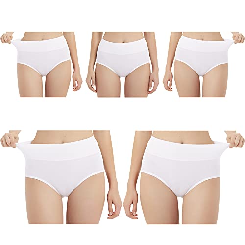 EKSHER Unterhosen Damen Baumwolle Stretch Hohe Taille Slips Weich Unterwäsche 5er Pack-Weiß-2XL von EKSHER