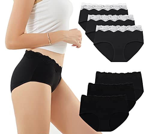 EKSHER Unterhosen Damen 6er Pack Unterwäsche Frauen Baumwolle Spitze Slips Hipster Weich Mittel Taille Panties Schwarz 2XL von EKSHER