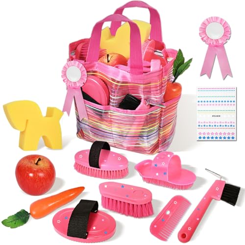 Hobby Horse Zubehör Kinder, Pferde Putzbox Spielzeug Rosa mit Tasche mit Bürsten, Kamm, Hufkratzer und Pferdeputzzeug für Mädchen, Magic Brush Horse Geschenk, Vorgetäuschtes Spielmaterial von EKXXHVLS