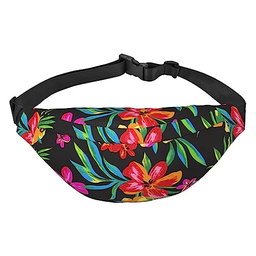 Bauchtasche mit hawaiianischen Blumen, für Männer und Frauen, verstellbare Hüfttasche für Reisen, Spazierengehen, Laufen, Bauchtaschen, Schwarz , Einheitsgröße von EKYOSHCZ