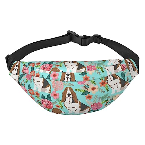 Sweet Basset Hound Florals Bauchtasche für Männer und Frauen, Gürteltasche, verstellbare Hüfttasche für Reisen, Spazierengehen, Laufen, Bauchtaschen, Schwarz , Einheitsgröße von EKYOSHCZ