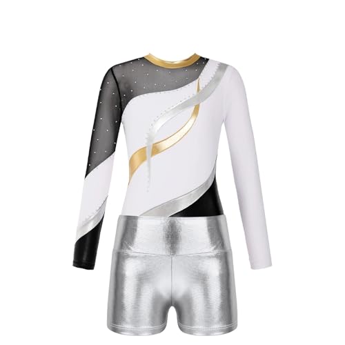 EKalgretrA Gymnastikanzug Mädchen Tanzset for Mädchen, langärmeliger Gymnastikanzug mit metallischen Shorts for Eiskunstlauf, Akrobatik, Overalls, Tanzbekleidung(White,16Y) von EKalgretrA