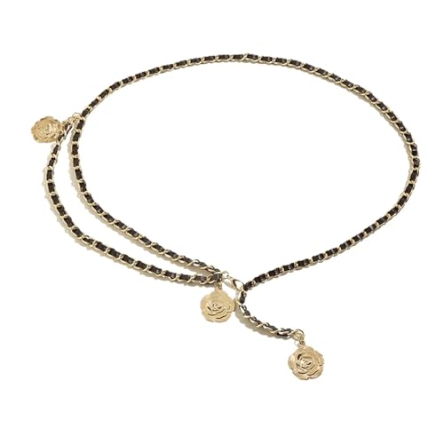 Kettengürtel für Frauen Mode Gold Kette Gürtel Weibliche Blume Anhänger Schwarz Leder Strick Kleid Korsett Gürtel for Frauen Metall(105cm_Gold chain belt) von EKalgretrA