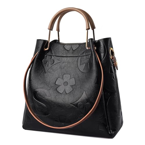 EKSMA Bucket Bag PU-Leder geprägte Handtasche Top Handle Umhängetasche for Damen(Black) von EKSMA