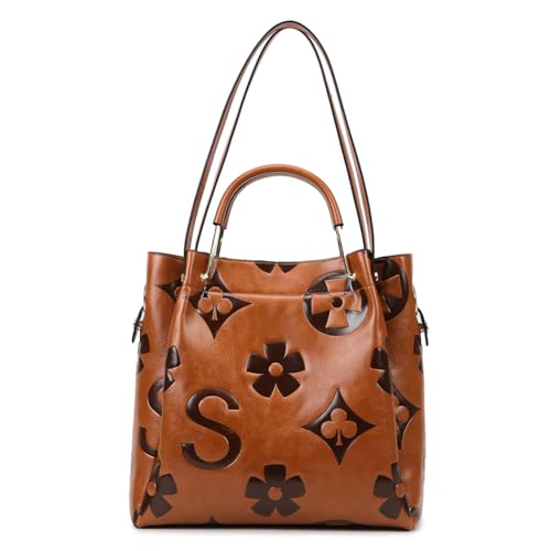 EKSMA Bucket Bag PU-Leder geprägte Handtasche Top Handle Umhängetasche for Damen(Brown) von EKSMA