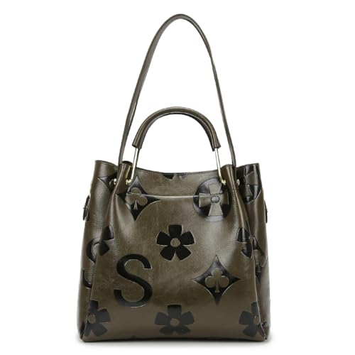 EKSMA Bucket Bag PU-Leder geprägte Handtasche Top Handle Umhängetasche for Damen(Dark Green) von EKSMA