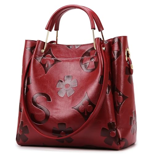 EKSMA Bucket Bag PU-Leder geprägte Handtasche Top Handle Umhängetasche for Damen(Wine Red) von EKSMA