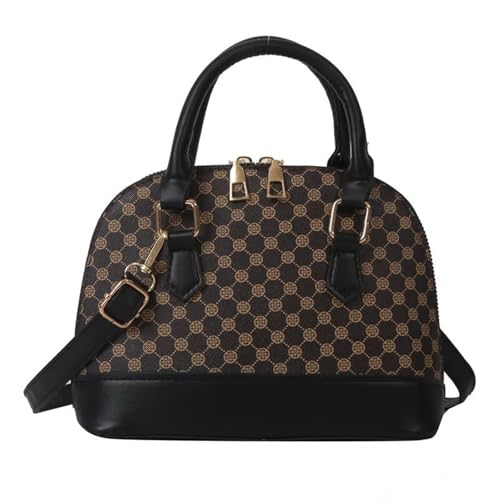 EKSMA Designer-Handtasche mit Muschelkuppel, Monogrammmuster, brauner Lederbesatz, Umhängegurt(Black) von EKSMA