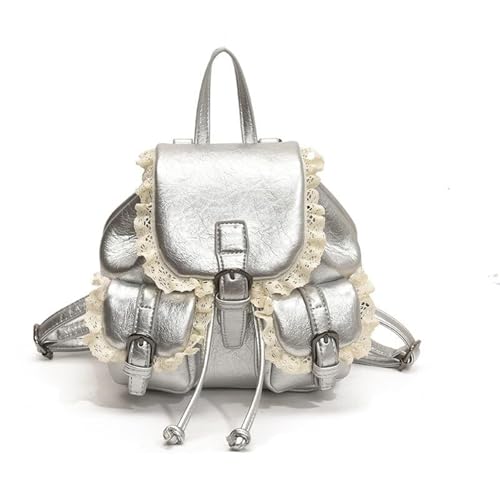 EKSMA Mini-Rucksacktasche mit Spitzenbesatz, Kunstleder, Kordelzugverschluss, Rucksack im Schulstil(Silver) von EKSMA