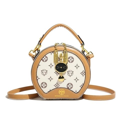 EKSMA Runde Designer-Umhängetasche, Monogrammdruck, Braun und Hellbraun mit Katzenanhänger(Beige) von EKSMA