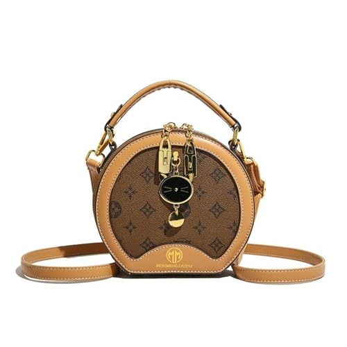 EKSMA Runde Designer-Umhängetasche, Monogrammdruck, Braun und Hellbraun mit Katzenanhänger(Brown) von EKSMA