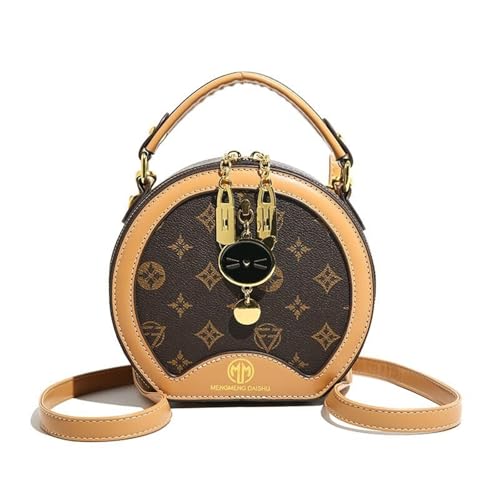 EKSMA Runde Designer-Umhängetasche, Monogrammdruck, Braun und Hellbraun mit Katzenanhänger(Coffee-colored) von EKSMA
