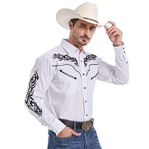 EL PIONERO Herren Western Cowboy Hemd Bestickt Hemd Langarm Casual Snap Button Shirt, Weiß, Groß von EL PIONERO