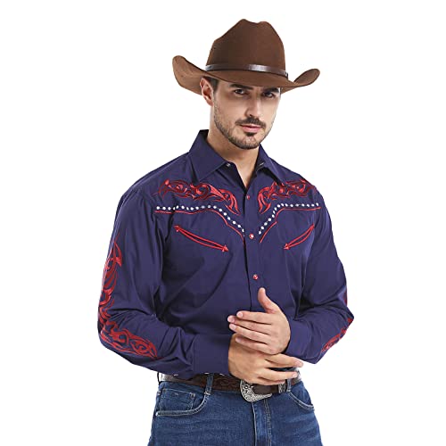 EL PIONERO Herren Western Cowboy Hemd Bestickt Hemd Langarm Casual Snap Button Shirt, dunkelblau, XX-Large von EL PIONERO