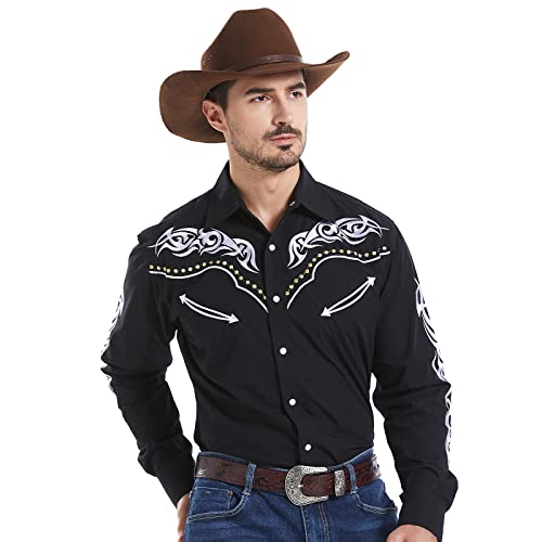 EL PIONERO Herren Western Cowboy Hemd Bestickt Hemd Langarm Casual Snap Button Shirt, schwarz, Mittel von EL PIONERO