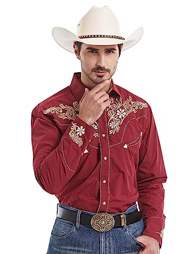 EL PIONERO Herren Westernhemd Langarm Bestickt Cowboy Casual Druckknopf Hemd, Burgunder, L von EL PIONERO