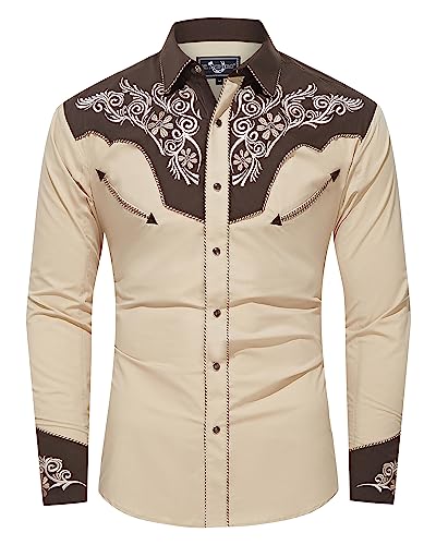 EL PIONERO Herren Westernhemd Langarm Bestickt Cowboy Casual Druckknopf Hemd, Khaki, Schokolade, XL von EL PIONERO
