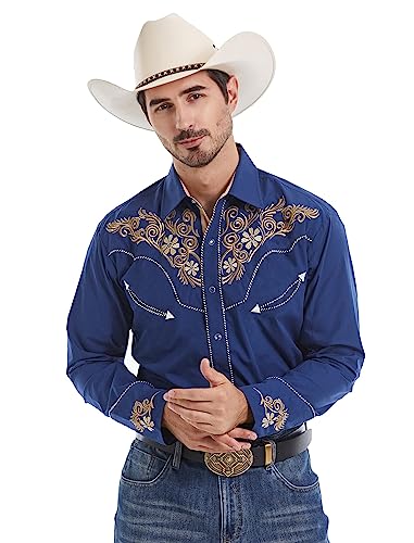 EL PIONERO Westernhemd für Herren, langärmelig, Bestickt, Cowboy, lässig, Druckknopf-Hemd, Marineblau, L von EL PIONERO