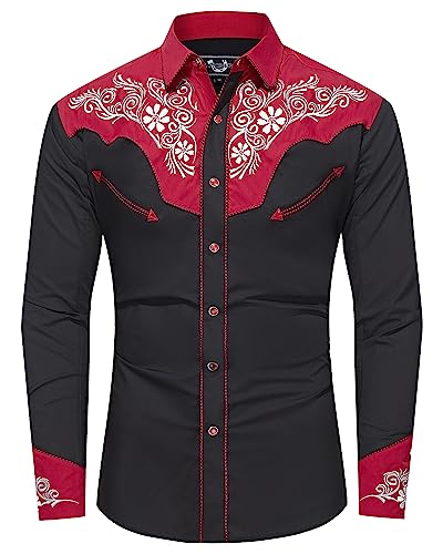 EL PIONERO Herren Westernhemd Langarm Bestickt Cowboy Casual Druckknopf Hemd, Schwarz Frisch Rot, L von EL PIONERO