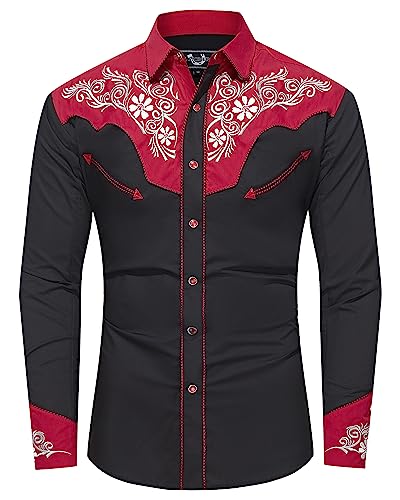EL PIONERO Westernhemd für Herren, langärmelig, bestickt, Cowboy, lässig, Druckknopf-Hemd, Schwarz, frisches Rot, XX-Large von EL PIONERO