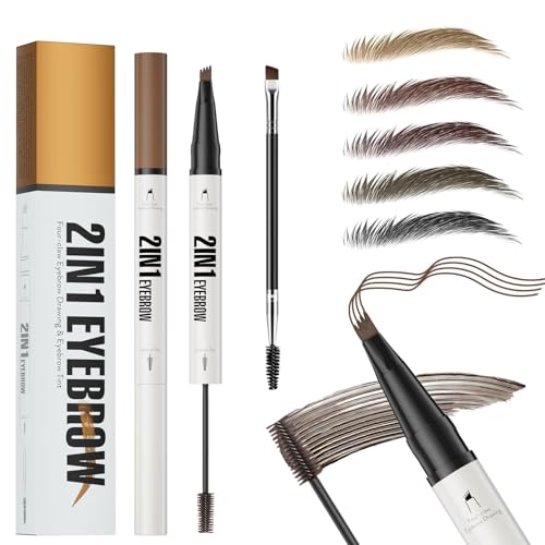 2 In1 Augenbrauenstift mit Gel, 2025 Microblading Augenbrauenstift Wasserfest, Dual-Ended Augenbrauen Gel and Eyebrow Pencil mit 4 Gabelspitzen, Bis zu 24 Stunden Halt, Wischfest (02# Braun) von ELALRAU