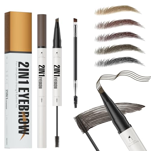2 In1 Augenbrauenstift mit Gel, 2025 Microblading Augenbrauenstift Wasserfest, Dual-Ended Augenbrauen Gel and Eyebrow Pencil mit 4 Gabelspitzen, Bis zu 24 Stunden Halt, Wischfest (04# Schwarz Braun) von ELALRAU