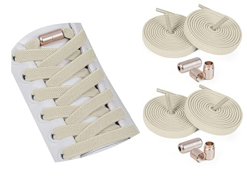 ELANOX 8 mm breite elastische Schnürsenkel I 4 Stück für 2 Paar Schuhe, mit Metallkapseln, Schuhbänder ohne Binden Schnellverschluss, Gummi-Schnürsenkel, für Erwachsene & Kinder (beige) von ELANOX