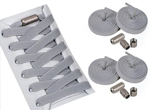 ELANOX 8 mm breite elastische Schnürsenkel I 4 Stück für 2 Paar Schuhe, mit Metallkapseln, Schuhbänder ohne Binden Schnellverschluss, Gummi-Schnürsenkel, für Erwachsene & Kinder (lightgrey) von ELANOX