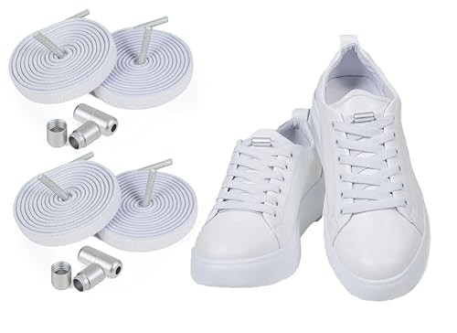 ELANOX 8 mm breite elastische Schnürsenkel I 4 Stück für 2 Paar Schuhe, mit Metallkapseln, Schuhbänder ohne Binden Schnellverschluss, Gummi-Schnürsenkel, für Erwachsene & Kinder (weiss) von ELANOX