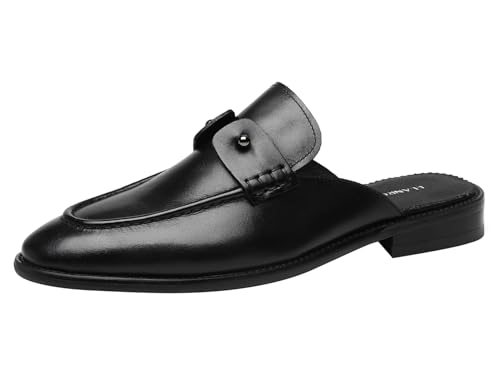 ELANROMAN Herren Rückenfreie Loafers Schwarz Echtes Leder Pantoletten Hausschuhe Slip on Schuhe, Kalbsleder, Schwarz, 41 EU von ELANROMAN