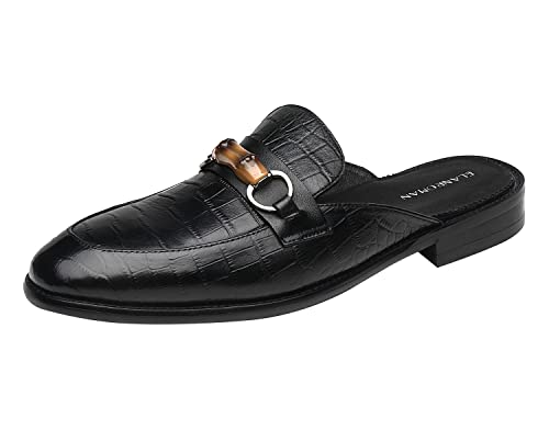 ELANROMAN Herren Rückenfreie Loafers Schwarz Echtes Leder Pantoletten Hausschuhe Slip on Schuhe, Schwarz (mit Aufdruck), 43 EU von ELANROMAN