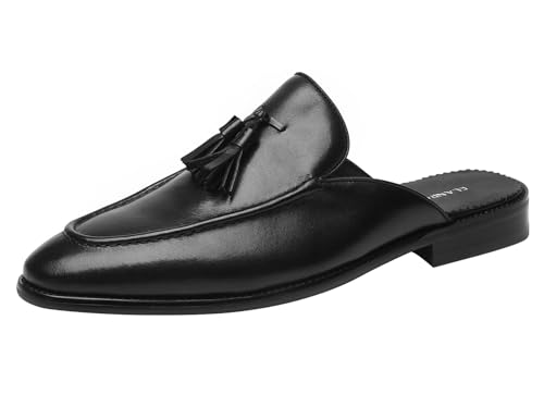 ELANROMAN Herren Rückenfreie Loafers Schwarz Echtes Leder Pantoletten Hausschuhe Slip on Schuhe, Schwarze Quaste, 43 EU von ELANROMAN