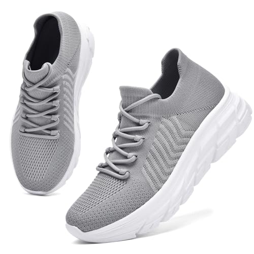 ELAPHURUS Damen Lace-up Mesh Sneaker Atmungsaktiv Sport Schuhe Gym Outdoor Walkingschuhe Slip-On Lightweight Turnschuhe Grau Weiß, EU 36 von ELAPHURUS