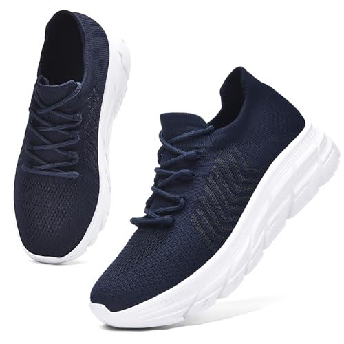 ELAPHURUS Damen Lace-up Straßenlaufschuhe Mesh Upper Atmungsaktiv Turnschuhe Lightweight Sportschuhe Gym Walkingschuhe Dunkelblau Weiß, EU 36 von ELAPHURUS