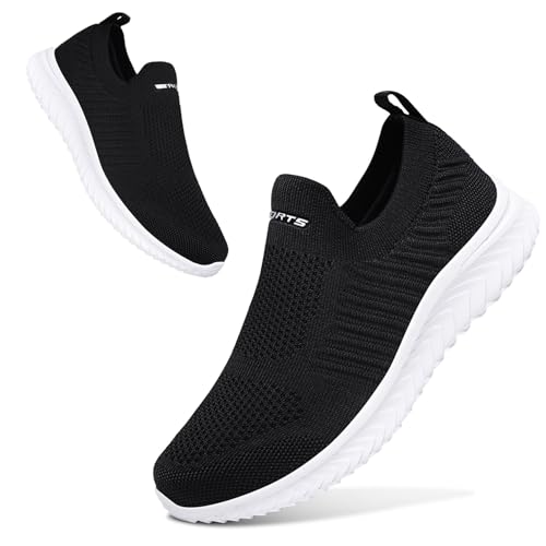 ELAPHURUS Damen Sneakers Leichte Atmungsaktiv Walkingschuhe Slip On Fitness Bequeme Schlupfschuhe,Weiß Schwarz,39 EU von ELAPHURUS