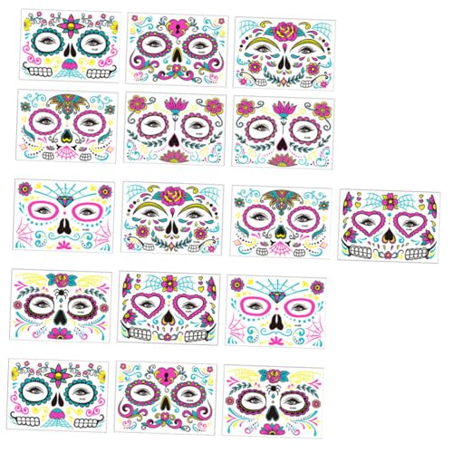 ELAYARD 16 Blatt Halloween Gesichtstattoos Fluoreszierende Schädel Blumen Sticker Temporäre Body Art Aufkleber für Kostüm und Maskenpartys Wiederverwendbar Hautfreundlich Vielseitig von ELAYARD