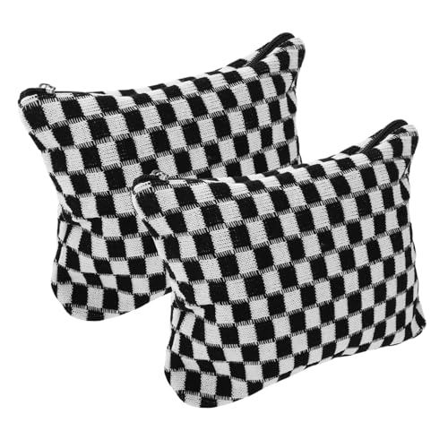 ELAYARD 2 Stück Teiliges Kariertes Schminktäschchen Großer Geräumiger Kosmetik Organizer aus Weichem Strick mit Praktischem Haken für Reisen Damen Mädchen von ELAYARD