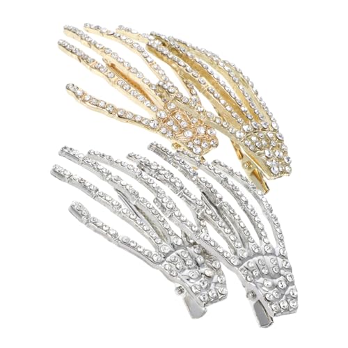 ELAYARD 4 Stück Halloween Haarschmuck mit Strasssteinen Skelett Hand Form Haarklammern aus Legierung Halloween Haarnadeln in Silber und Gold für Frauen und Dekorative Haarspangen für Fest von ELAYARD
